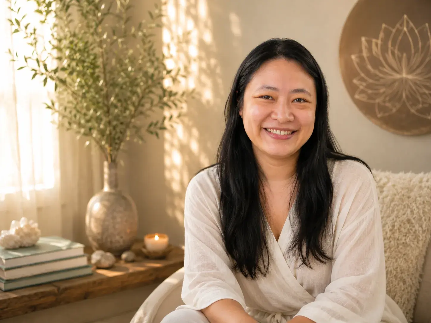 Lena Chen smiling in her warm healing space