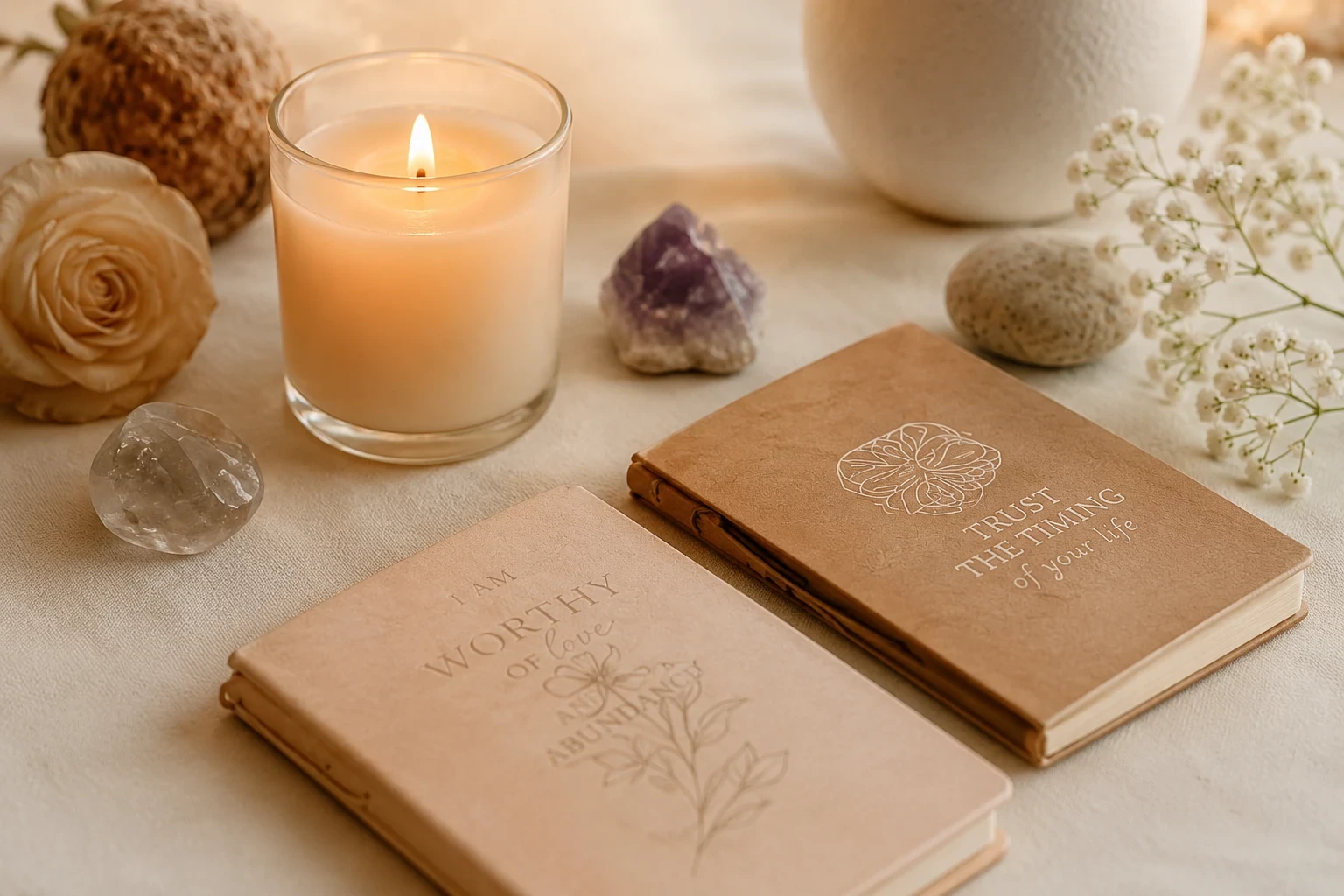 A lit candle beside two healing journals