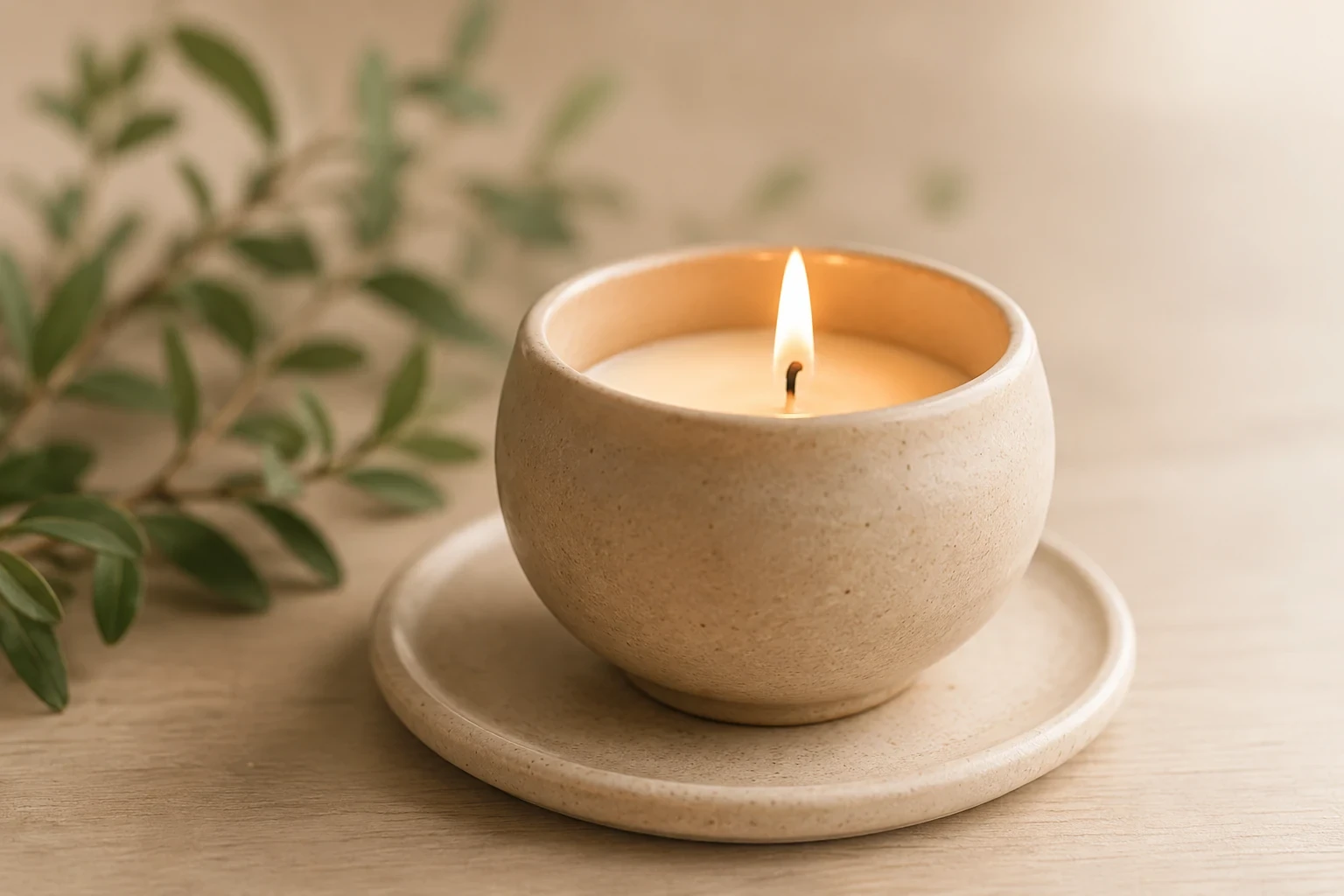 A warm candle cup beside soft greenery