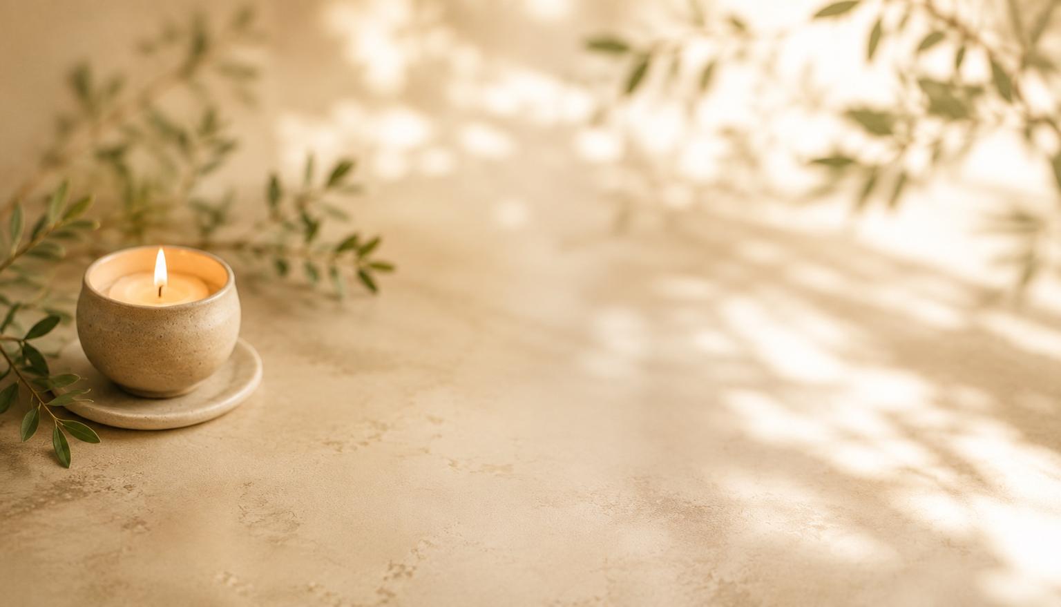 A small candle surrounded by soft leaves and warm sunlight