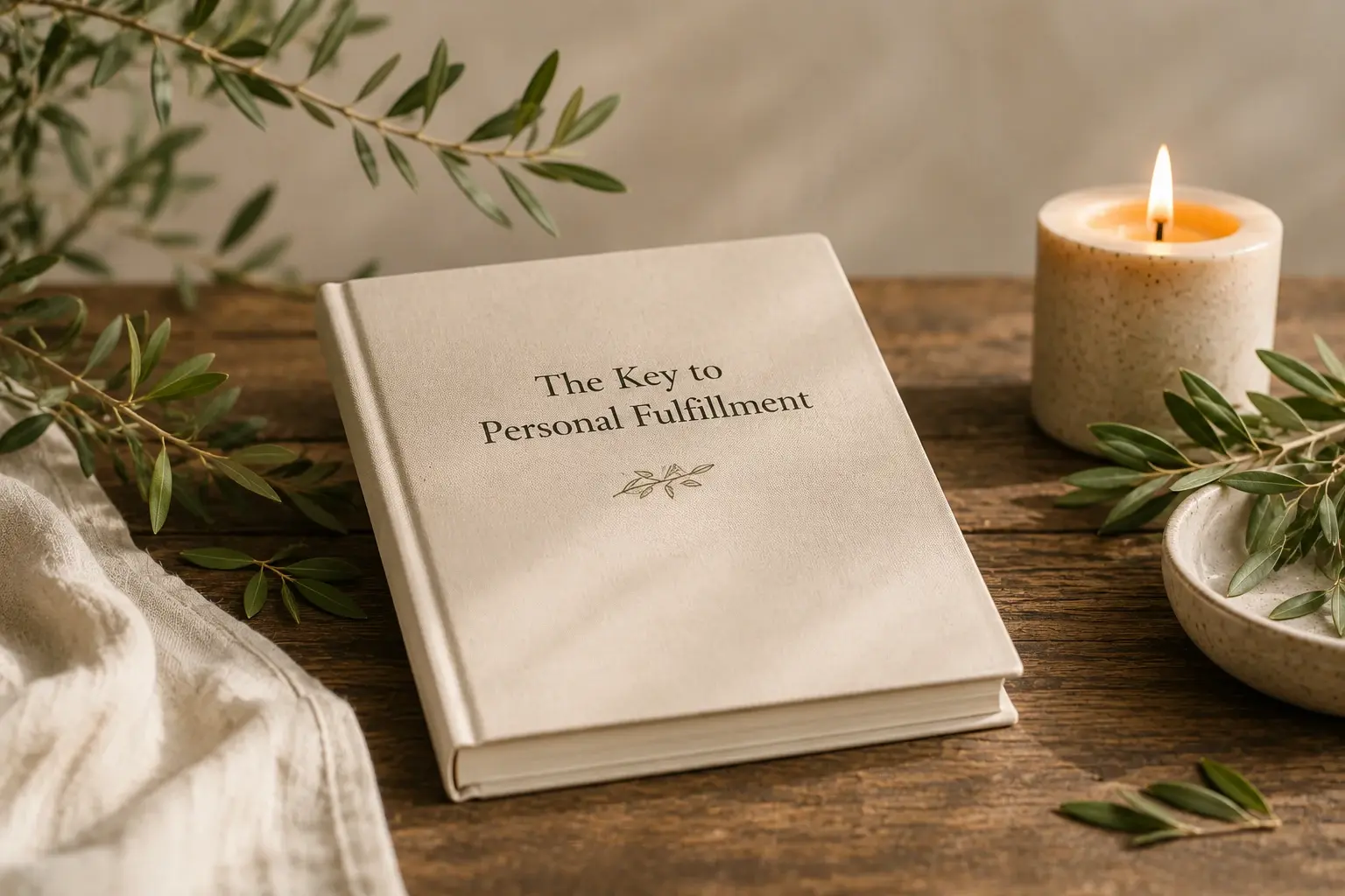 The Key to Personal Fulfillment book beside a lit candle and olive branches
