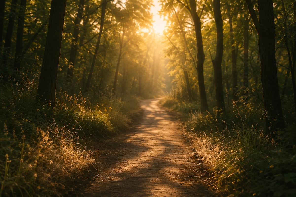 A golden path leading through a sunlit forest