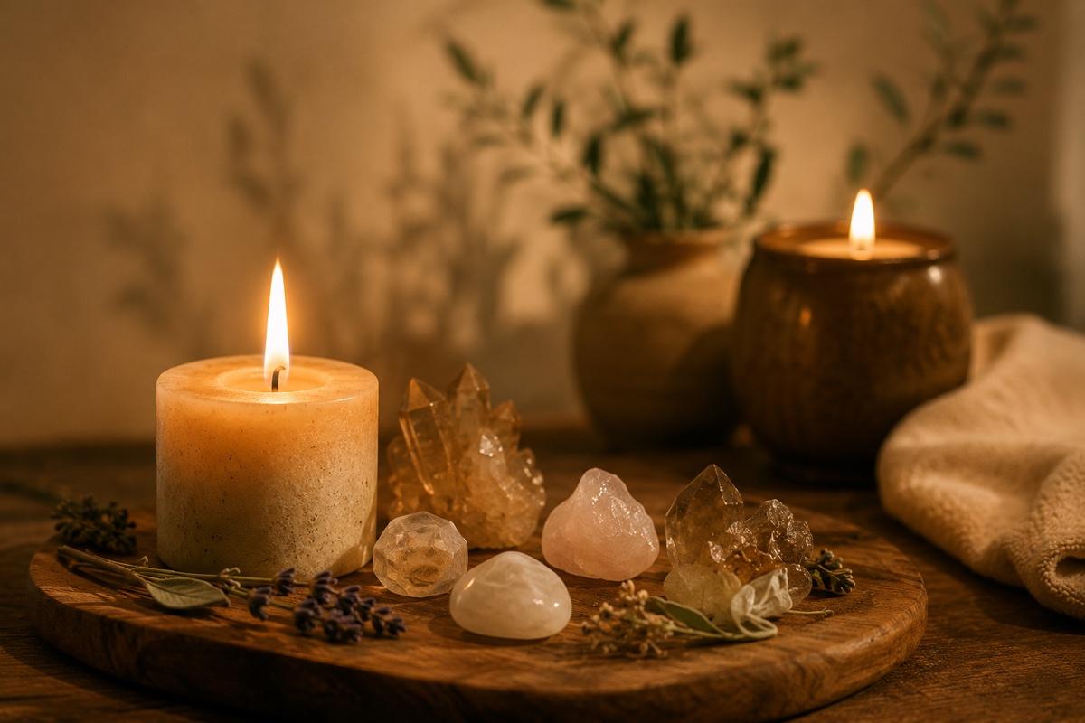 Candles, crystals, and herbs glowing in warm candlelight