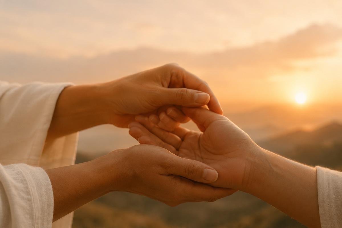 Two people gently holding hands in warm sunset light