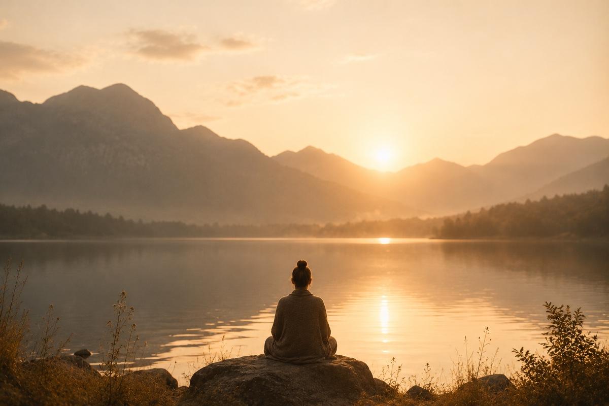 A person meditating beside a peaceful lake at golden hour