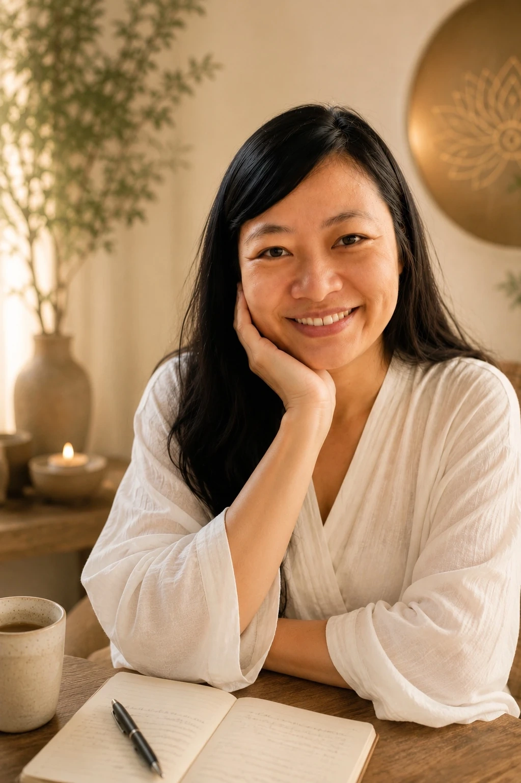 Lena Chen smiling in her healing sanctuary
