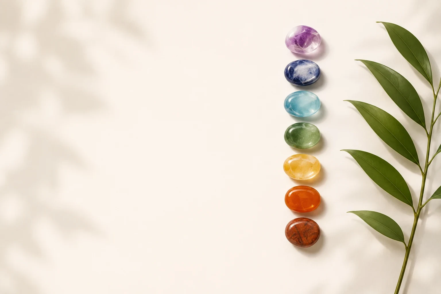 Seven colorful chakra stones beside a green branch