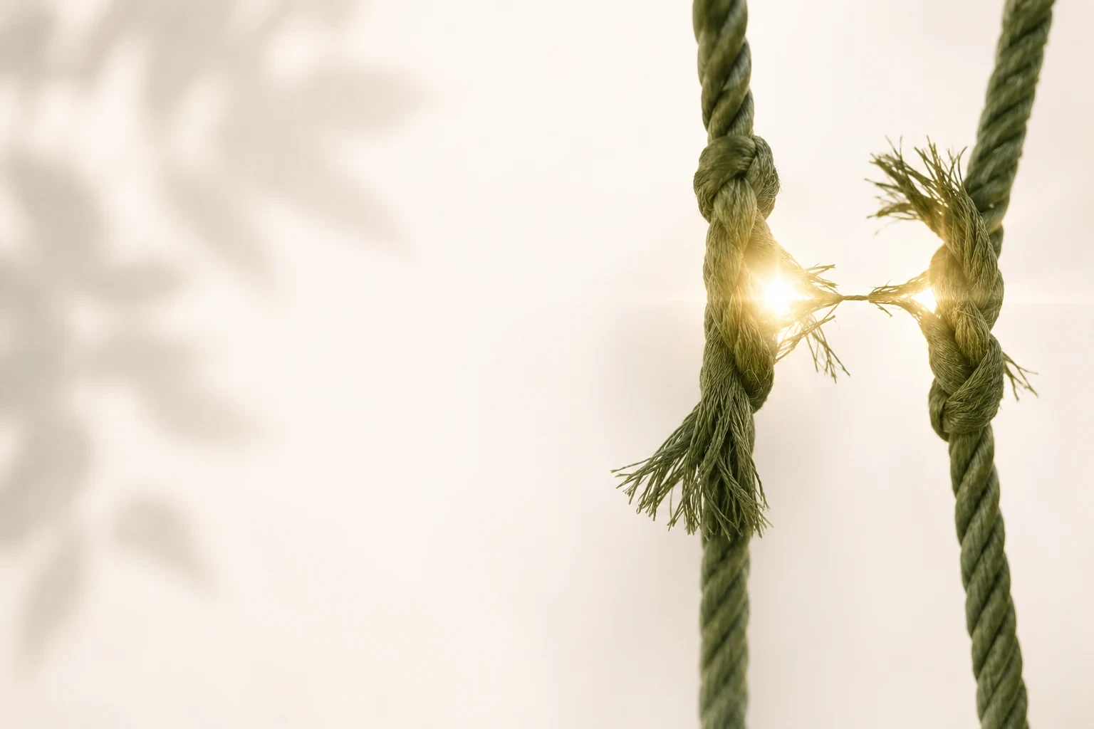 Two green cords gently separating in warm light