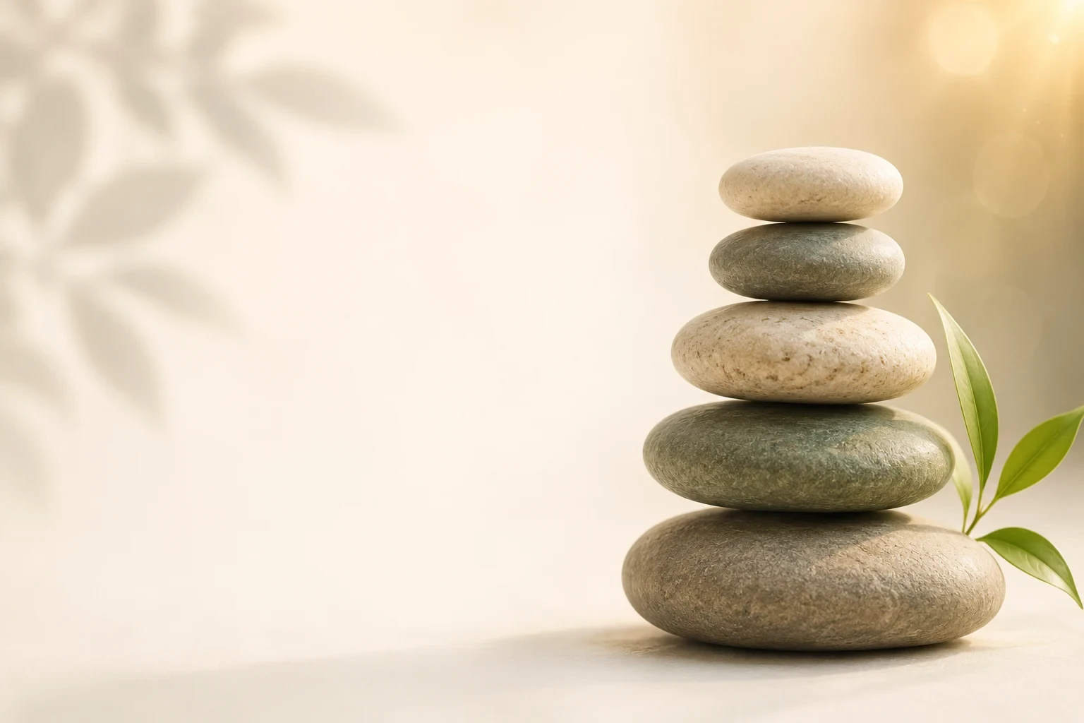 Balanced healing stones beside a fresh green leaf